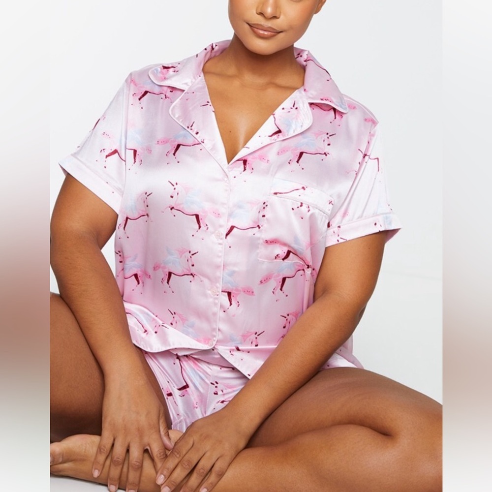 PrettyLittleThing Pink Satin Unicorn Pajama Set - Short Sleeve & Shorts
